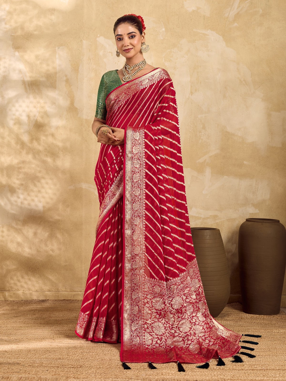 Tanmira New Launch Pure khaddi Georgette Banarasi Handloom Leheriya Zari Weaving Saree MAHA