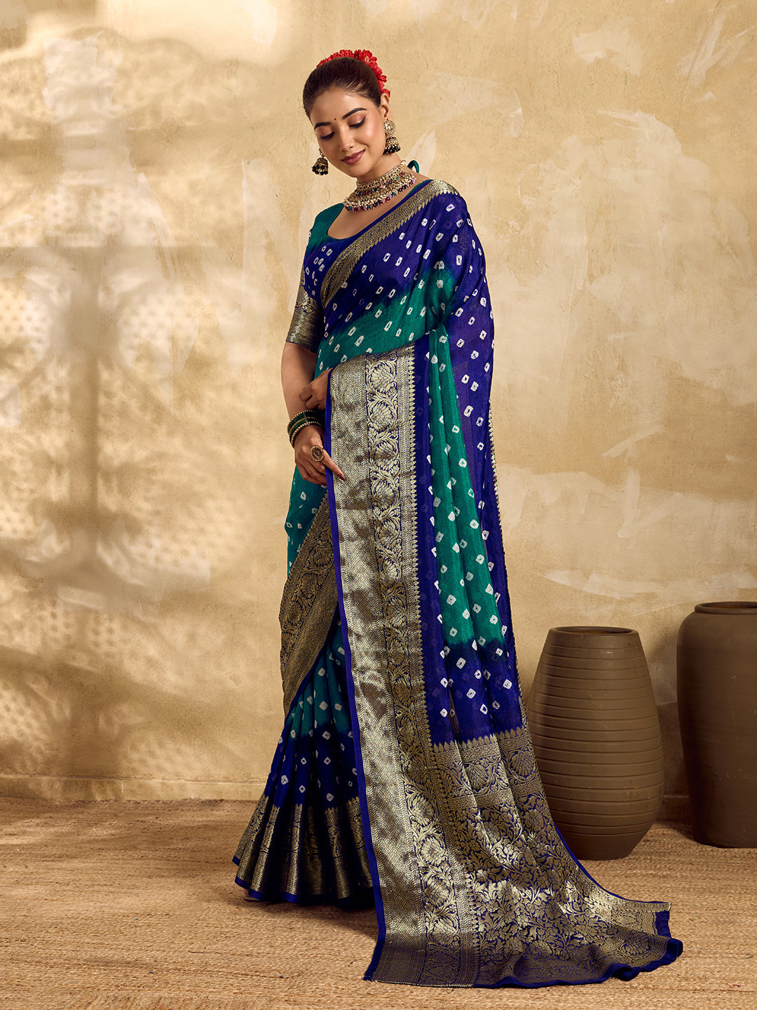 New Viscos Silk Bandhani Saree With Zari Border Tanmira sam Rama Royal Blue RBW