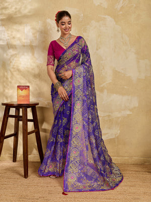 Buy Chiffon Saree Bandhani Style With Aari Work Tanmira