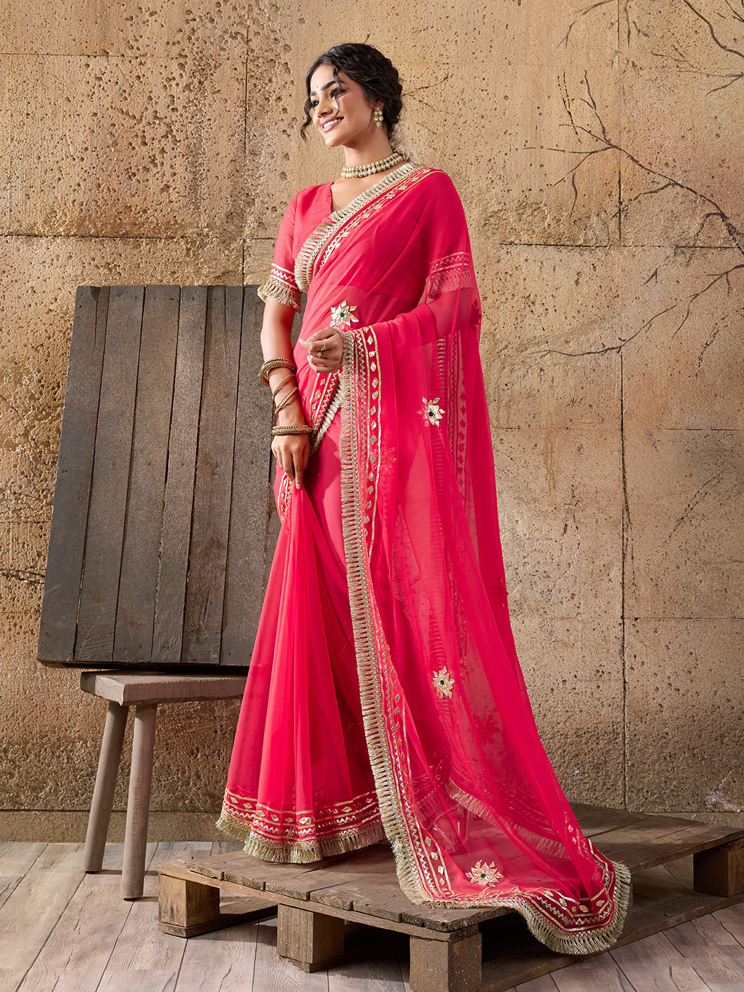 Tanmira New Elegant Pure Georgette Kacha Gotapatti Work Saree for Festive Occasions MHS