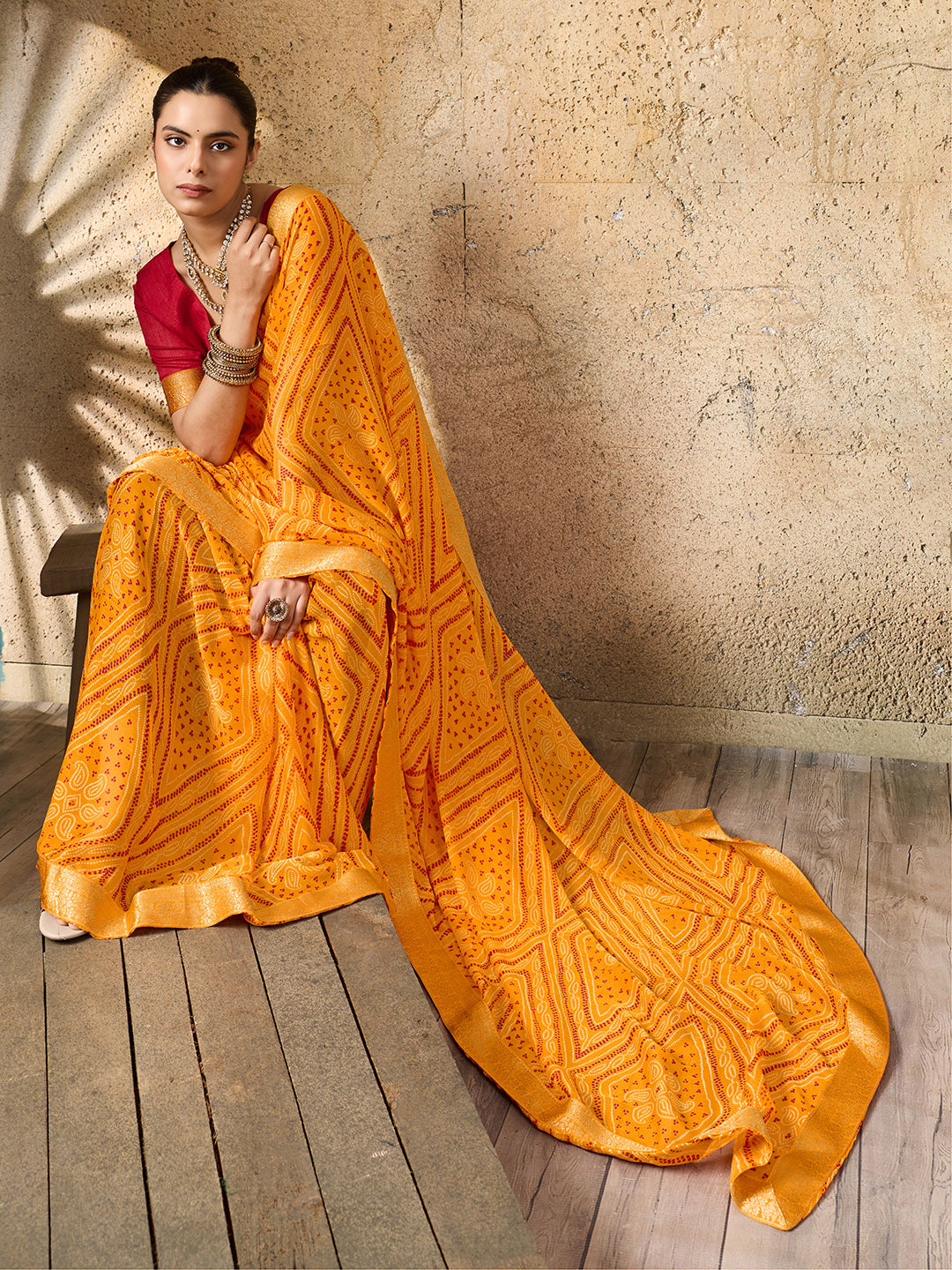 Tanmira Beautiful Moss Chiffon Georgette Bandhani Sarees Yellow