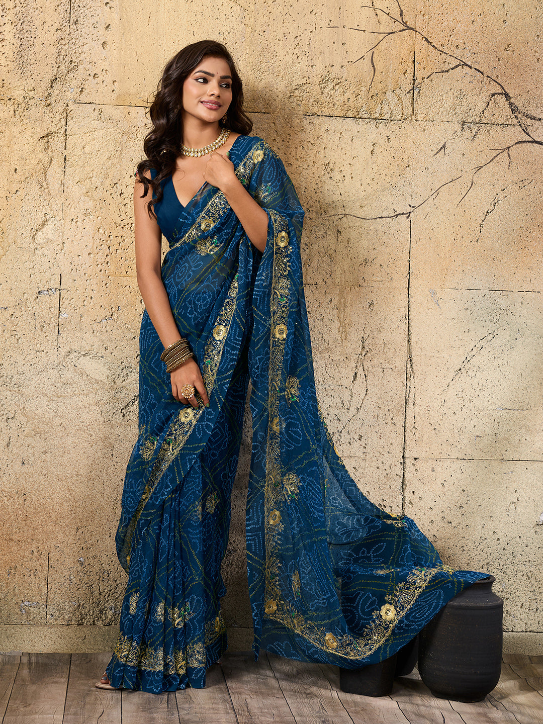 Tanmira New Royal Bandhani Georgette Saree With Golden Embellishments Work JAY