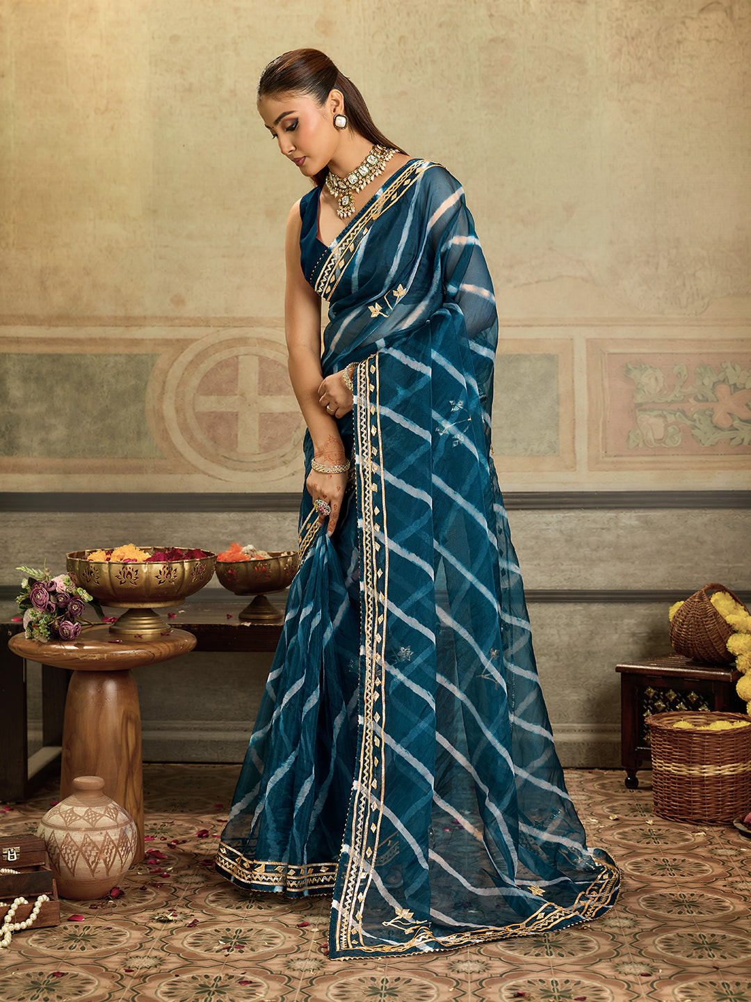 Tanmira New Arrival Organza Leheriya Style With Gotapatti Work Saree MHS