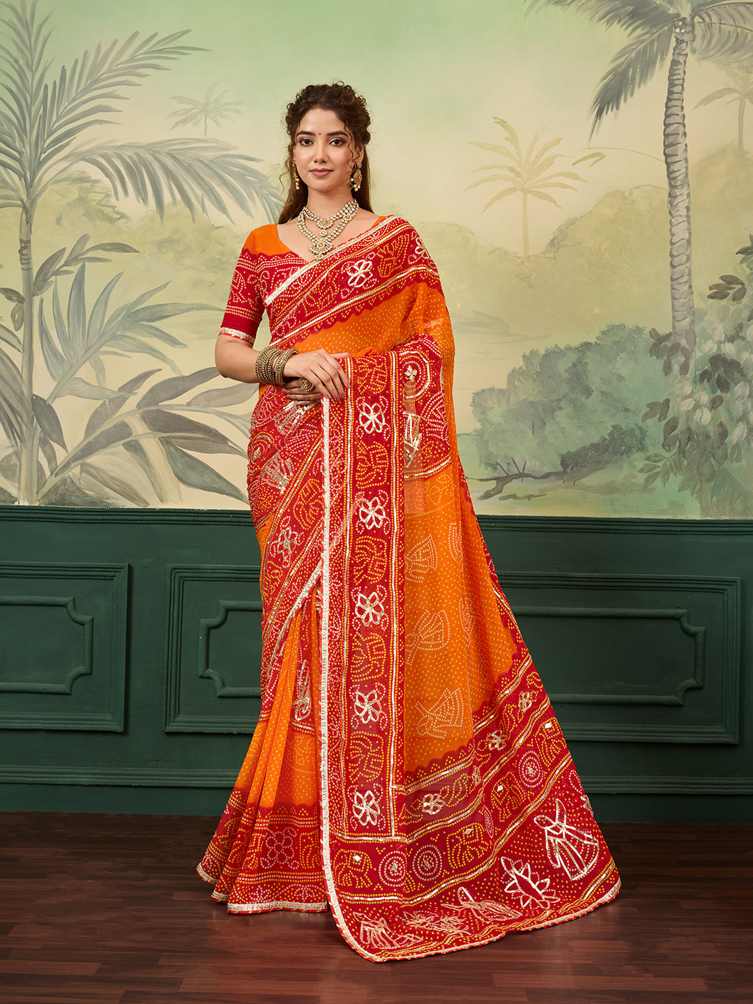 Tanmira New Premium Georgette Bandhani Style Saree Featuring Fine Gotapatti Embellishment PDM