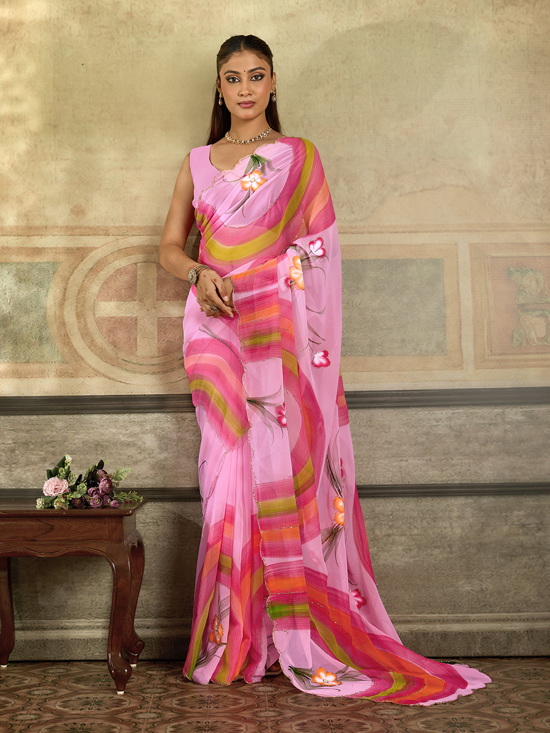 Tanmira Premium Floral Handbrush Print Georgette Saree For Festive Celebrations