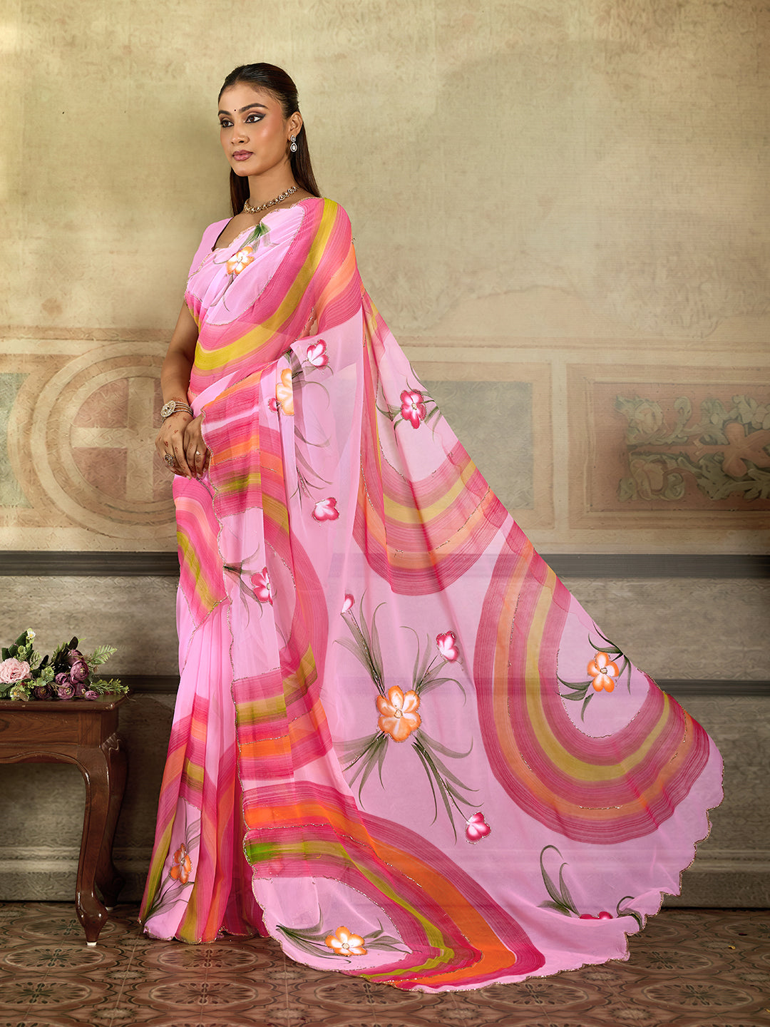 Tanmira Premium Floral Handbrush Print Georgette Saree For Festive Celebrations