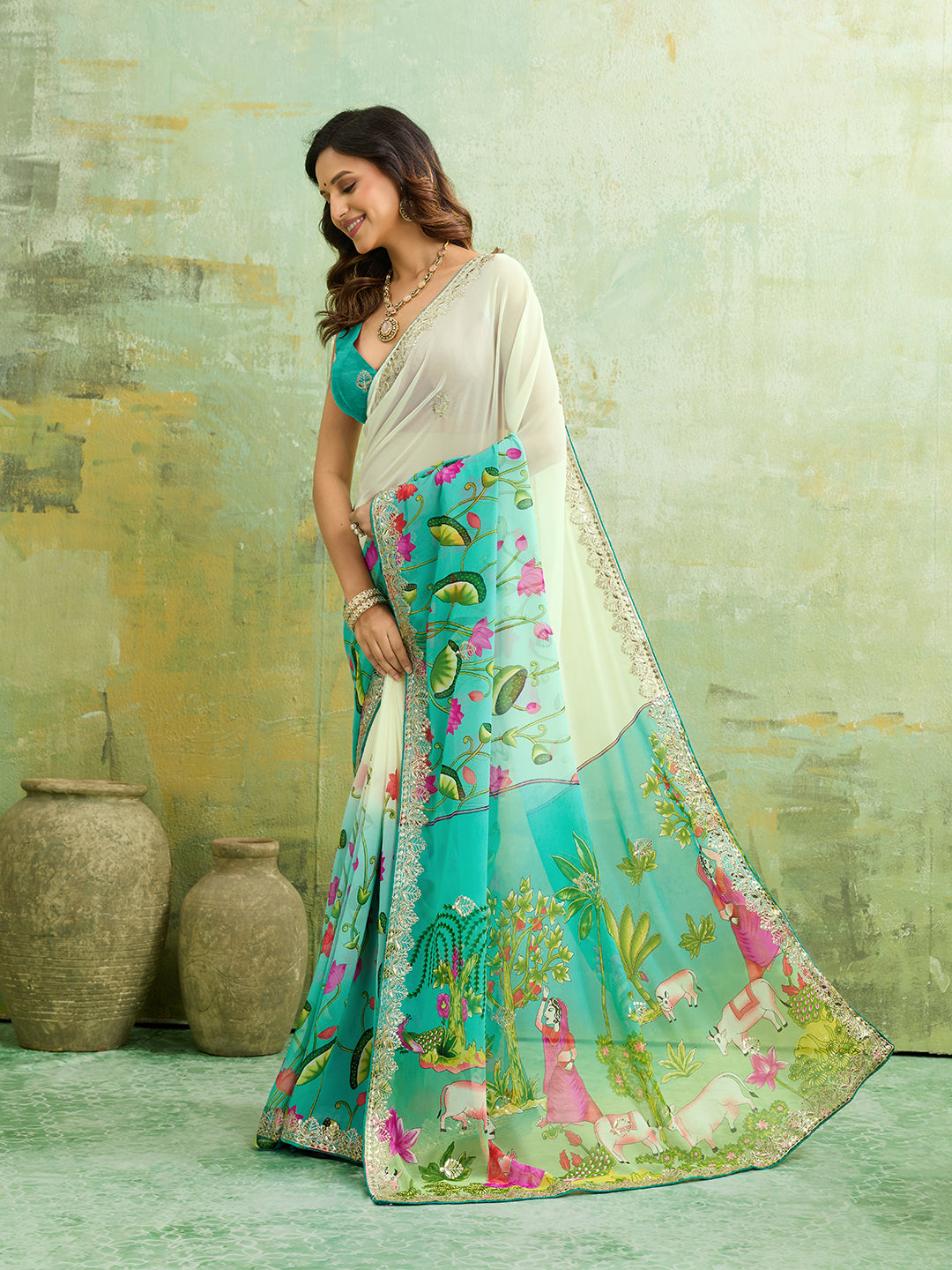 Tanmira Premium Pure Georgette Saree with Stylish Sequence Gota Detailing SAN