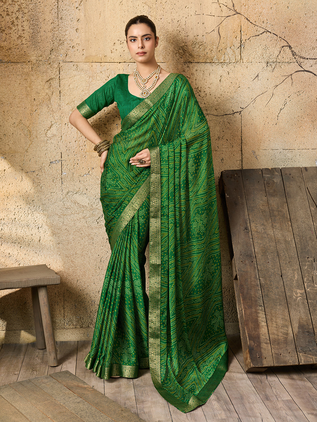 Tanmira Beautiful Moss Chiffon Georgette Bandhani Sarees Green