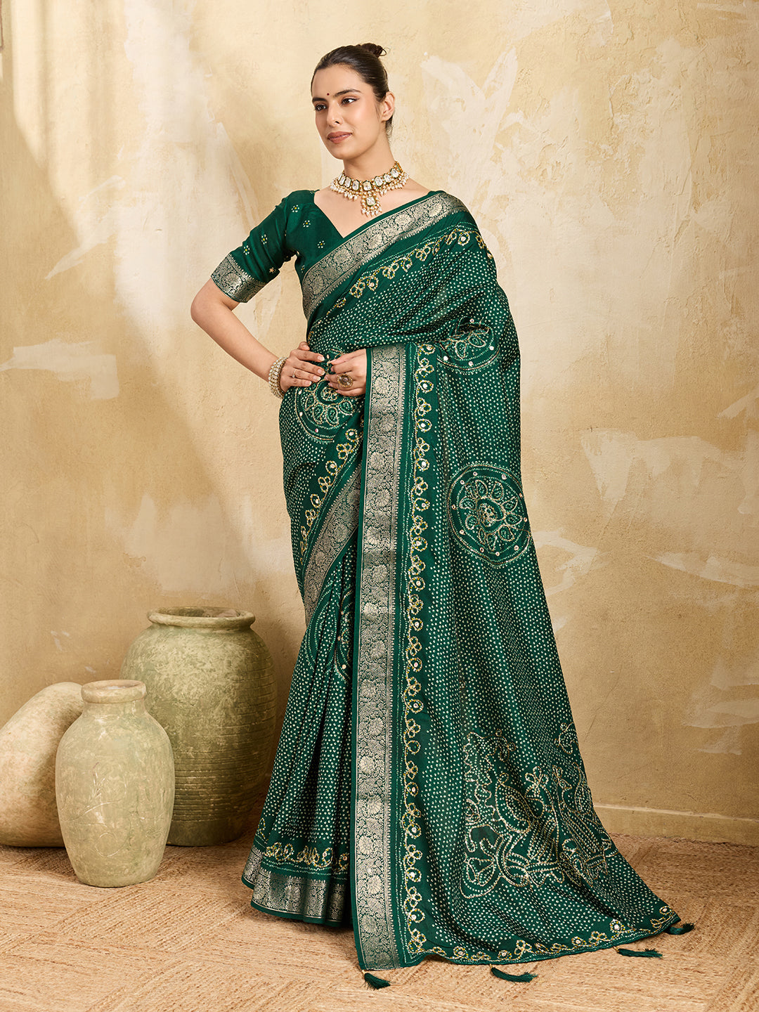 Tanmira New Viscos Silk Bandhani Print Gotapatti Aaritari work Saree Green GAN