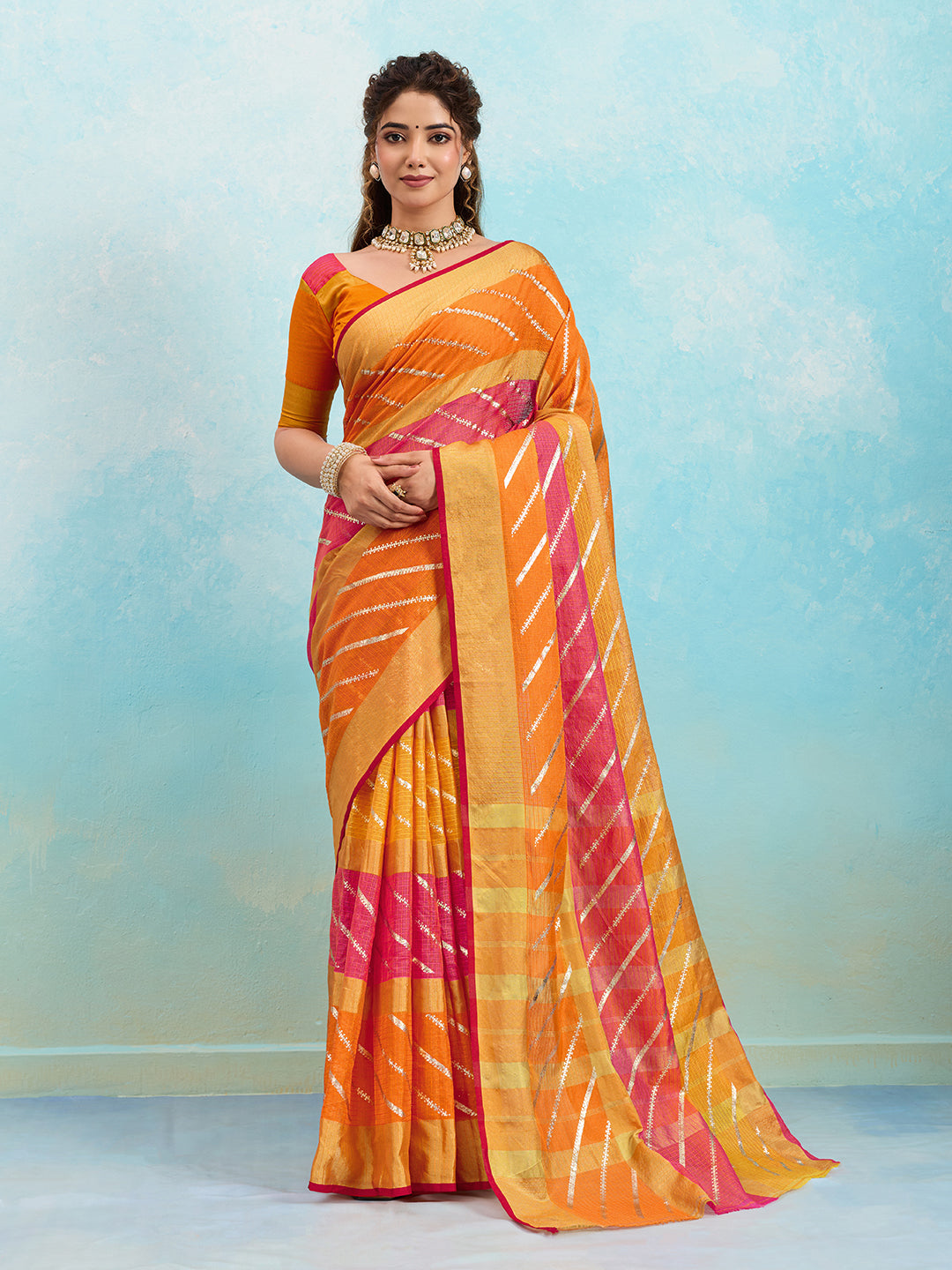 Tanmira New Rajasthani Mahajani Kota doria Kashida Foil Print work Saree SWA