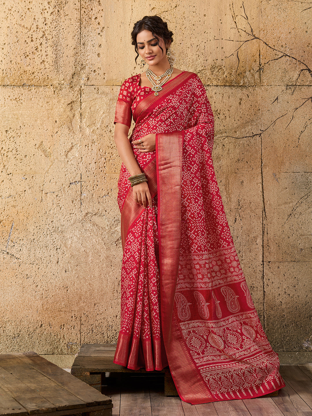 Tanmira New latest Cotton silk Ajrakh style With Ajrakh HandPrint Work Saree STL