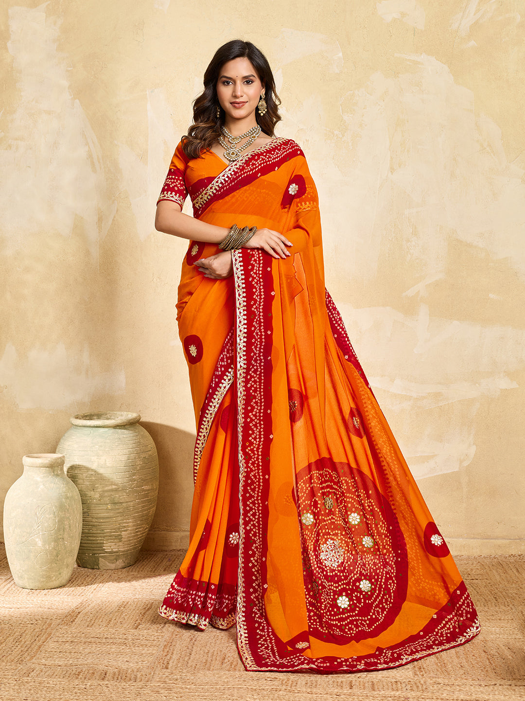 Tanmira Elegant Georgette Bandhani Saree with Rich Gotapatti Work PDM