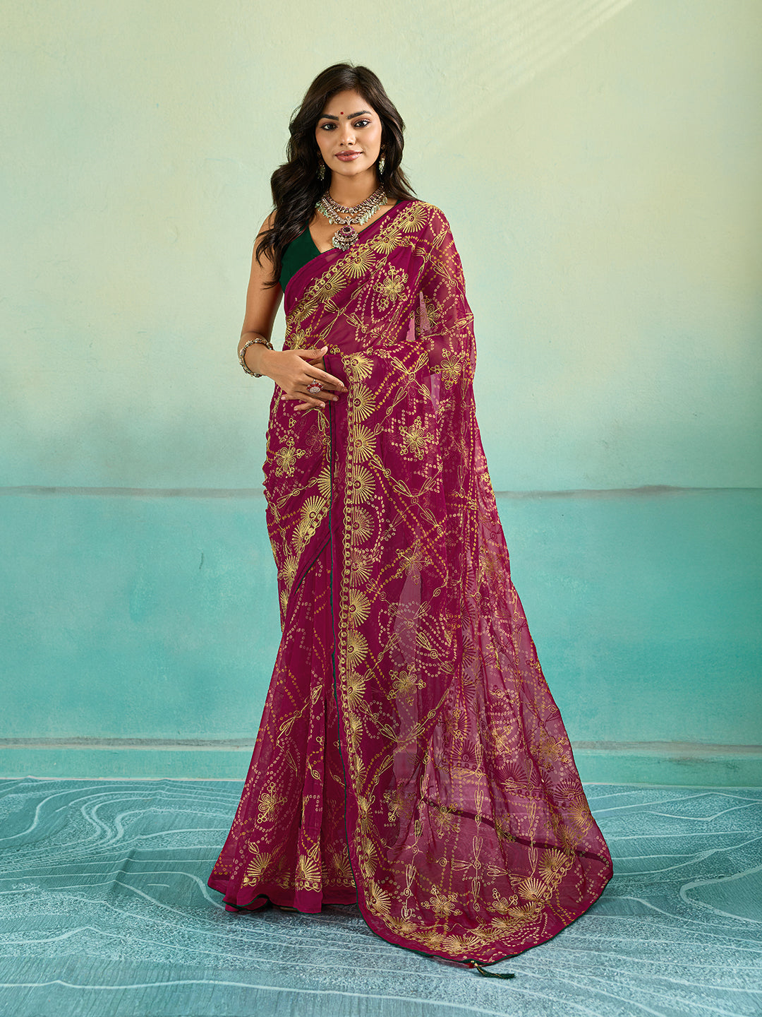 Tanmira Designer Rajwari Style Chiffon Saree with Aari Embellishment SNI