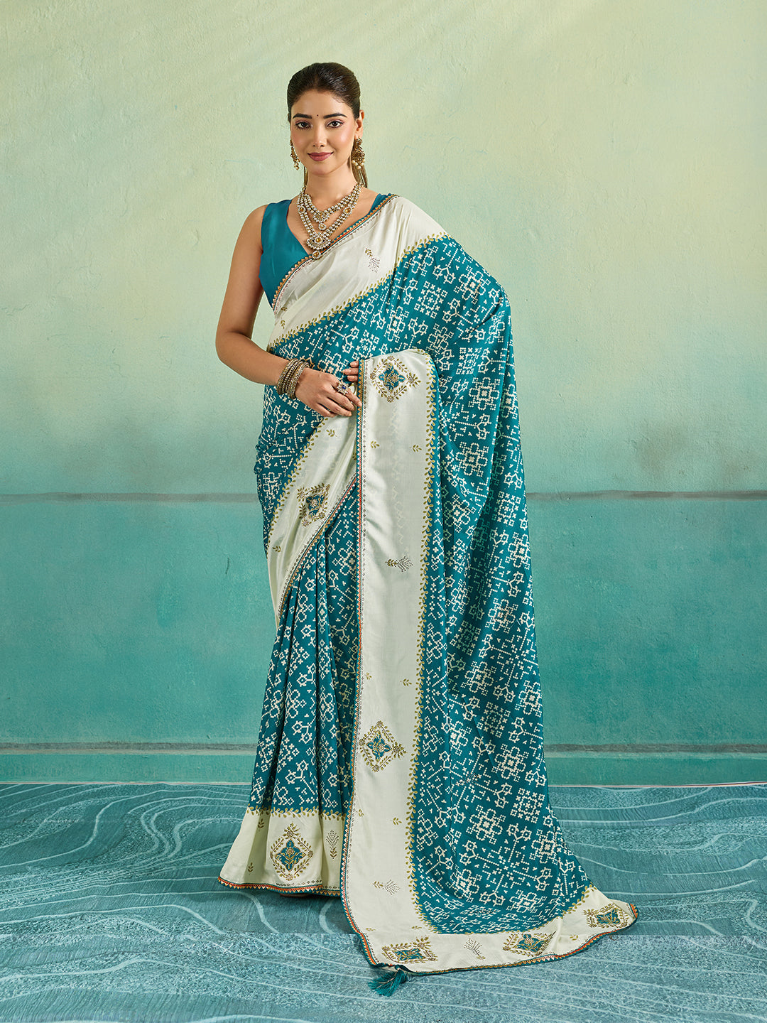 Tanmira New Creap Silk Ajrakh Style With Stone Work Saree STR