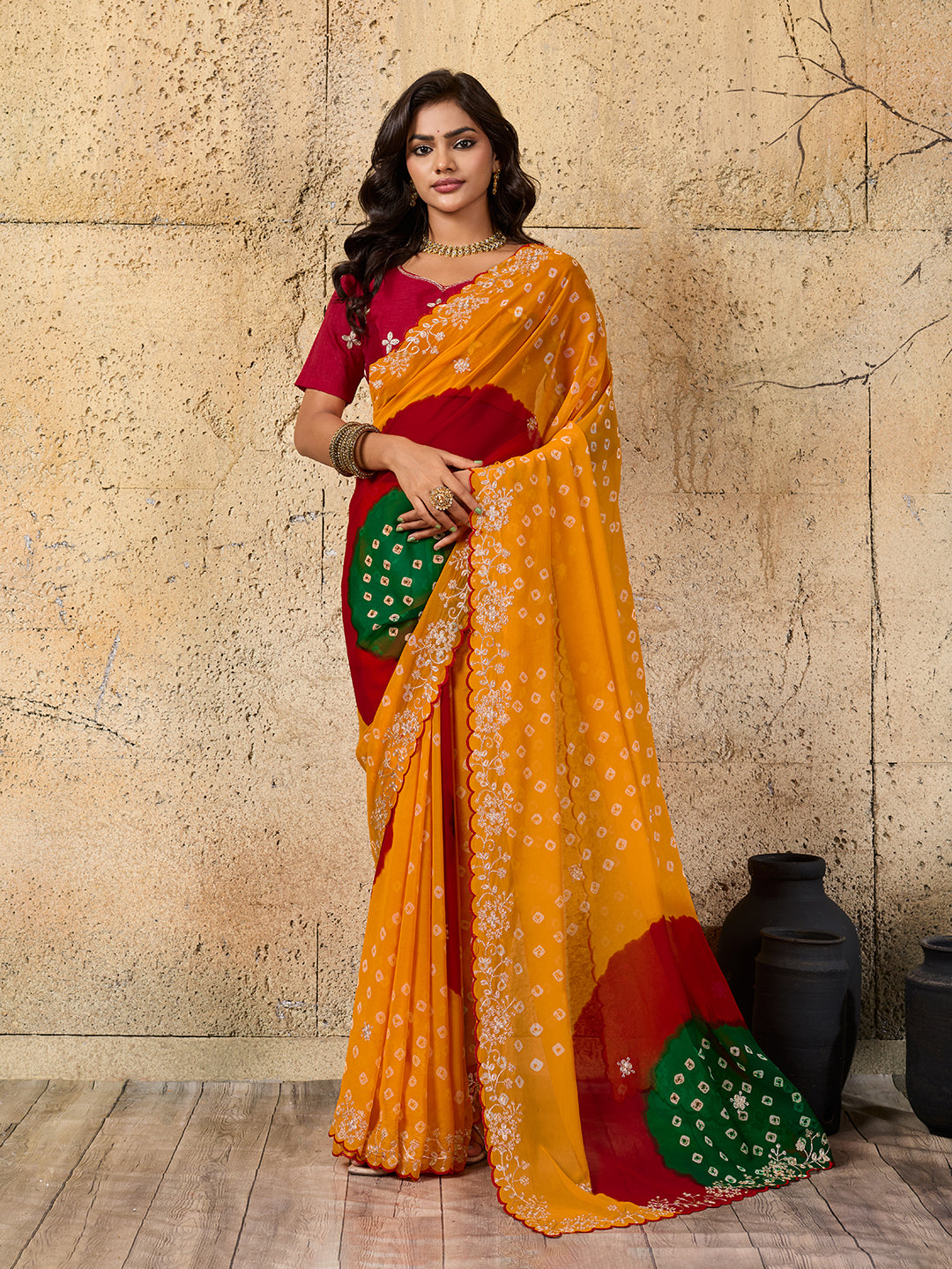 Tanmira New Georgette Bandhani Saree with Stylish Peturn Work Contrast Blouse SWA