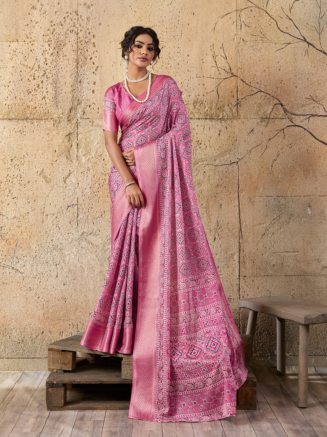 Tanmira New Beautiful Cotton silk Ajrakh style With Ajrakh HandPrint Work Saree STL