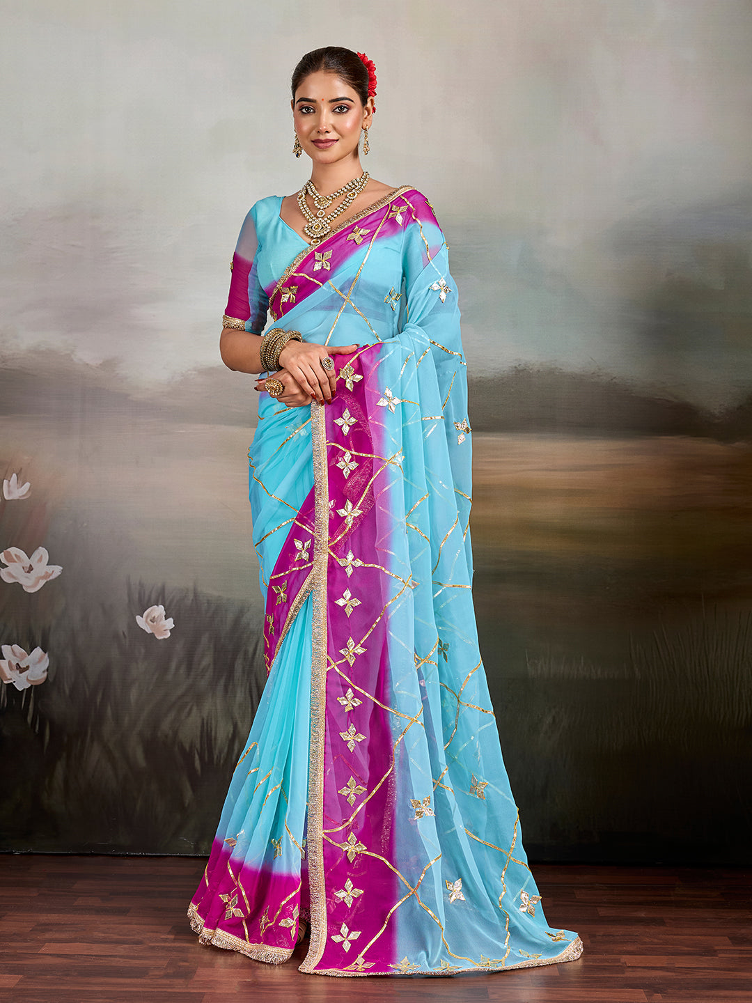 Tanmira Traditional Style Chiffon Saree with Gota Patti Detailing MHS