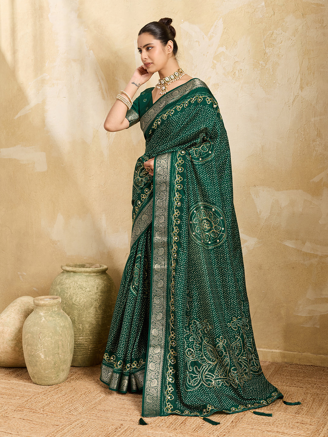 Tanmira New Viscos Silk Bandhani Print Gotapatti Aaritari work Saree Green GAN