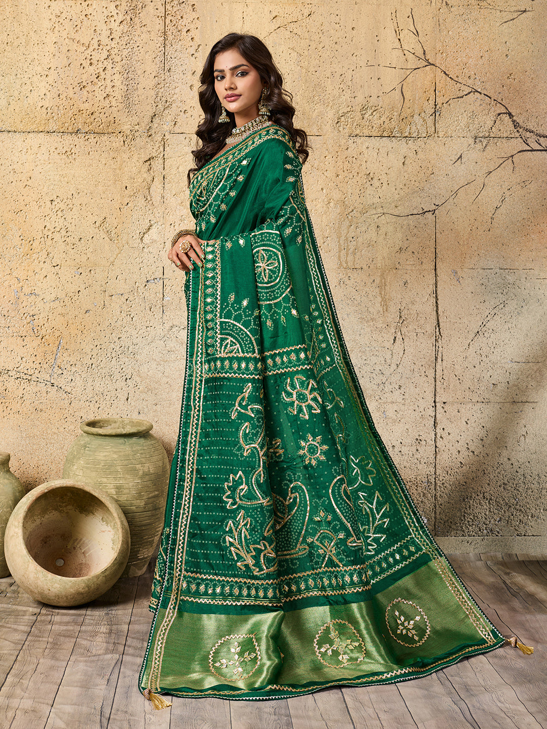 Tanmira New Royal Bandhani with Kachha Gota Patti Glow Modal Silk Saree VK