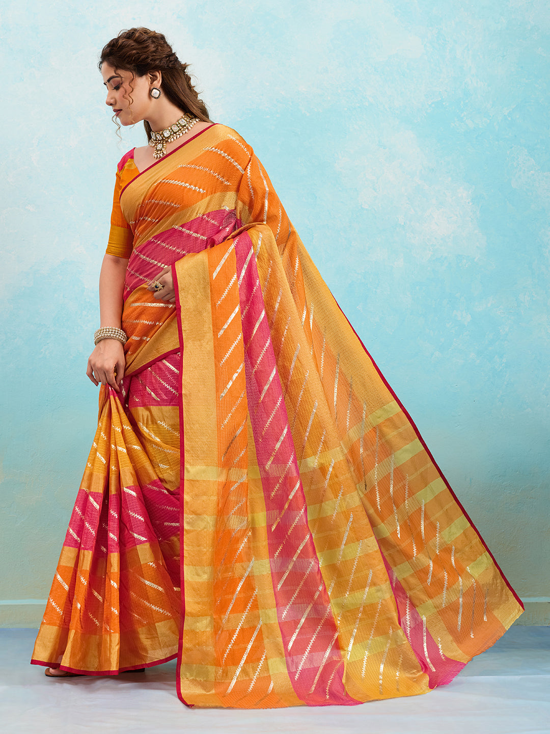 Tanmira New Rajasthani Mahajani Kota doria Kashida Foil Print work Saree SWA