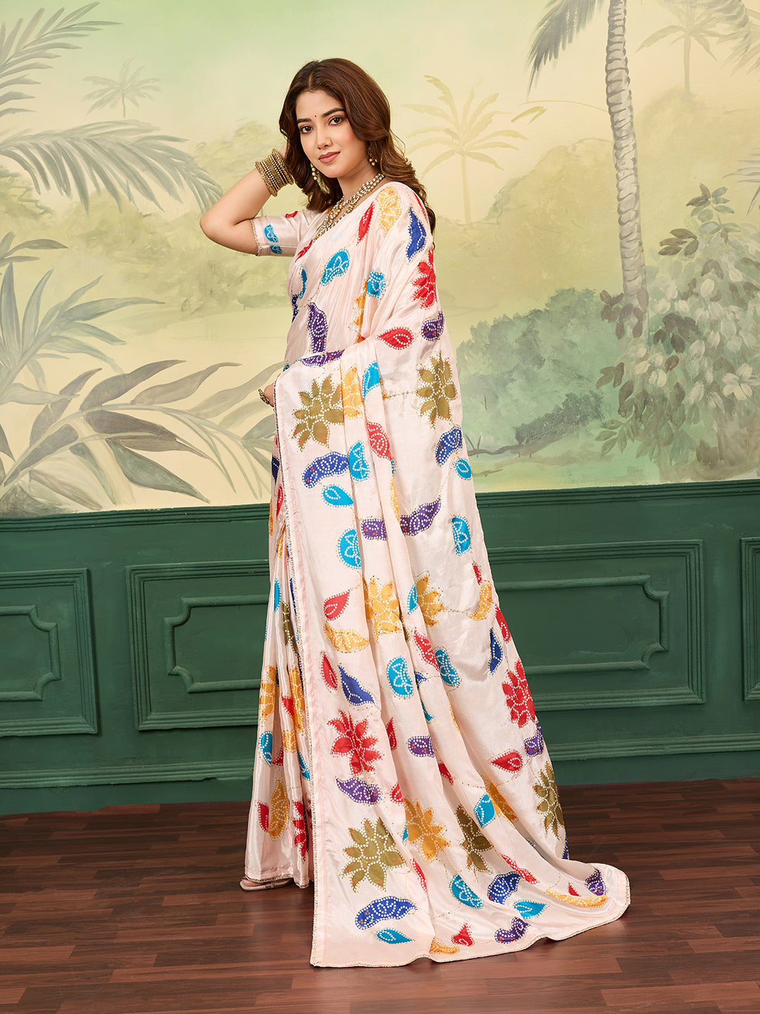 Tanmira New Elegant Chinon Bandhani Saree with Gota Patti Work SAW