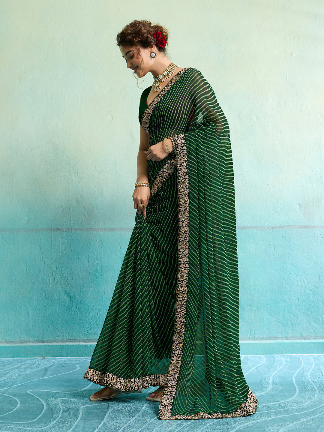 Tanmira New Beautiful Chiffon Leheriya Style With Embroidery Border Work Saree STL
