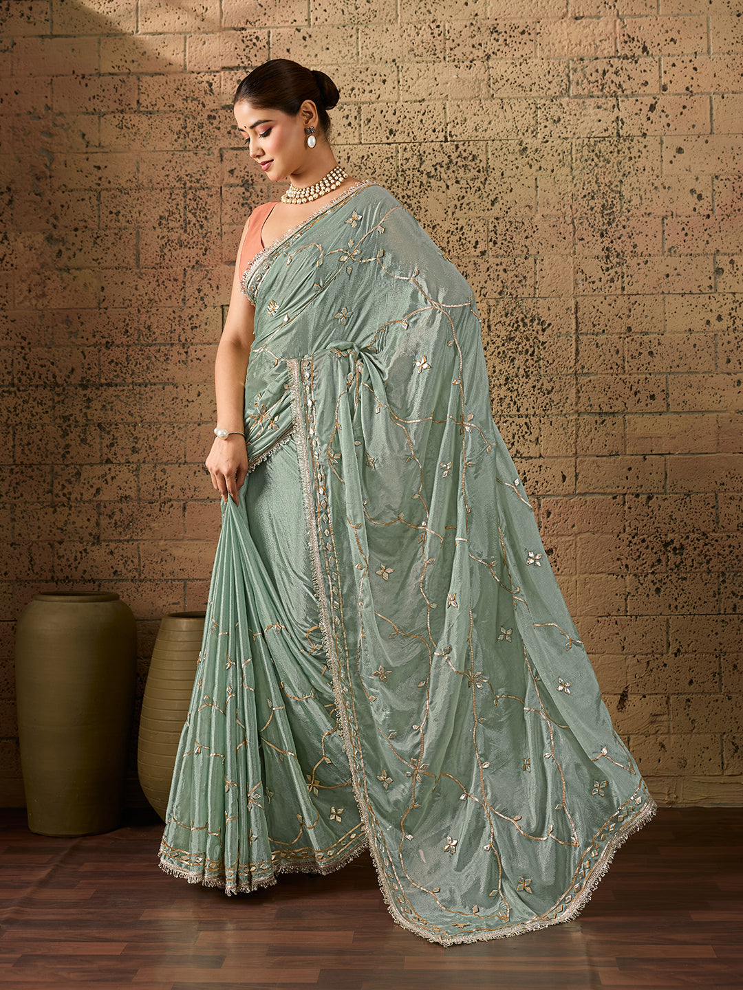 Tanmira Elegant Chinon Silk Saree in Traditional Style with Gota Patti Work SFS