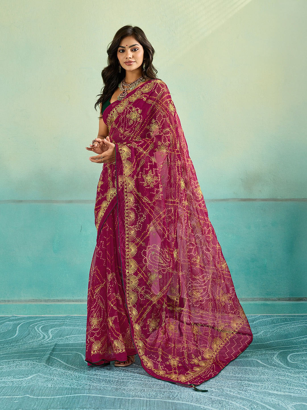 Tanmira Designer Rajwari Style Chiffon Saree with Aari Embellishment SNI