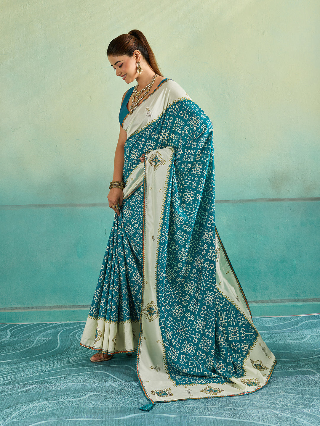 Tanmira New Creap Silk Ajrakh Style With Stone Work Saree STR