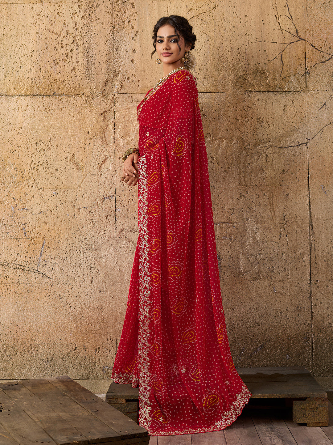 Tanmira Launching New Pure Mos Chiffon Handmade Pitta Aari Work Bandhani Saree SWA