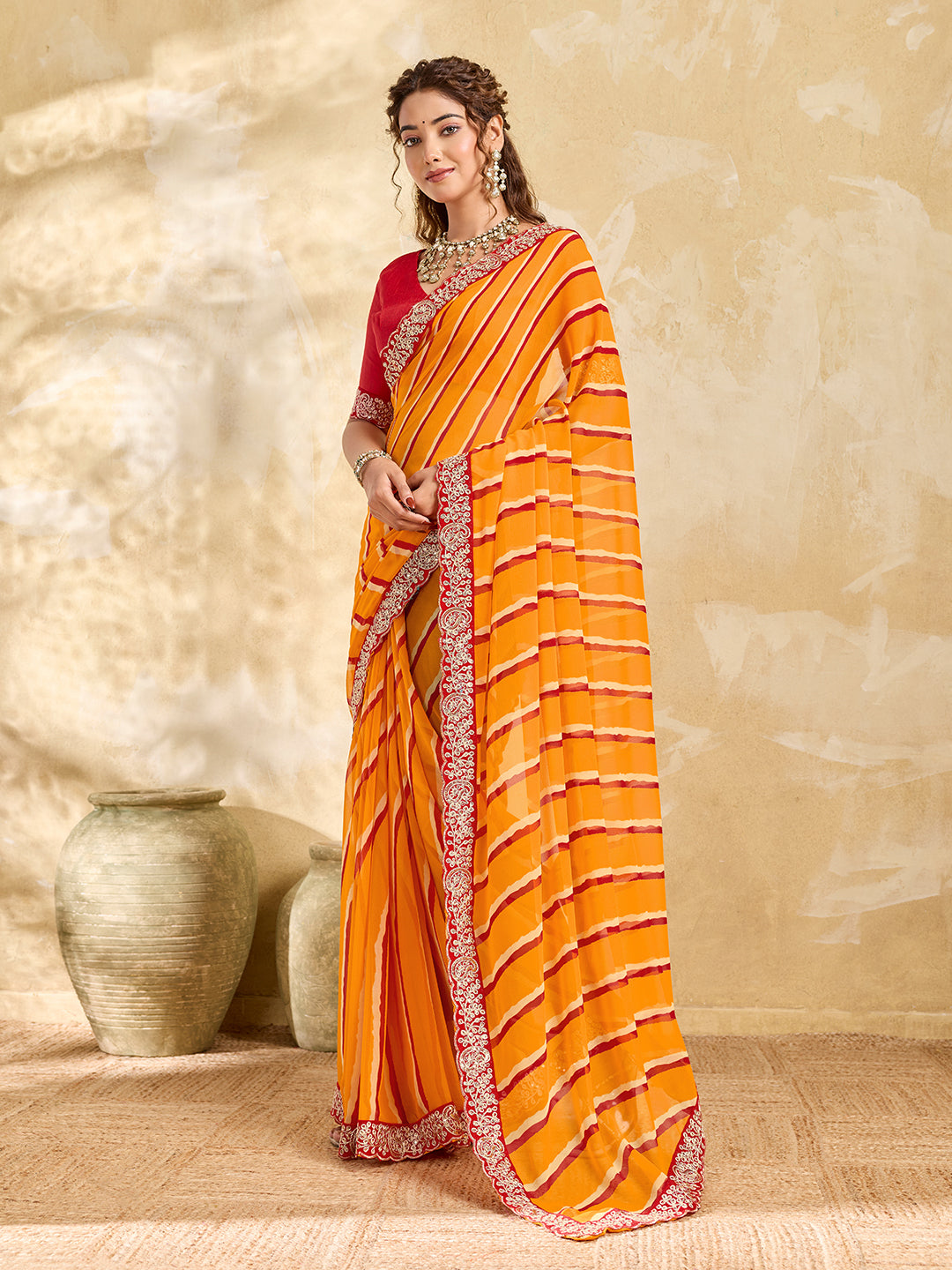 Tanmira New Latest Chiffon Leheriya Style With Embroidery Border Work Saree STL