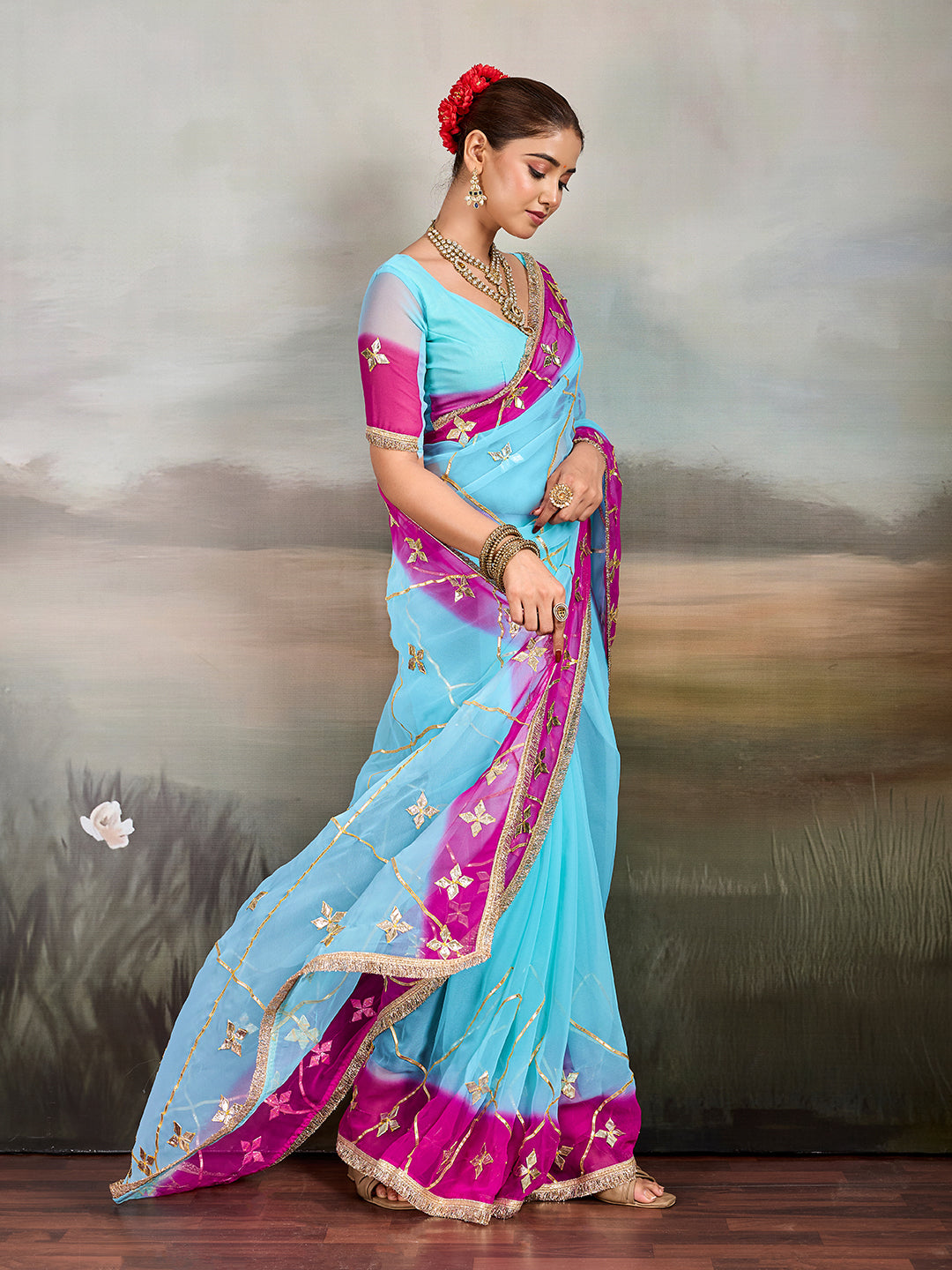 Tanmira Traditional Style Chiffon Saree with Gota Patti Detailing MHS