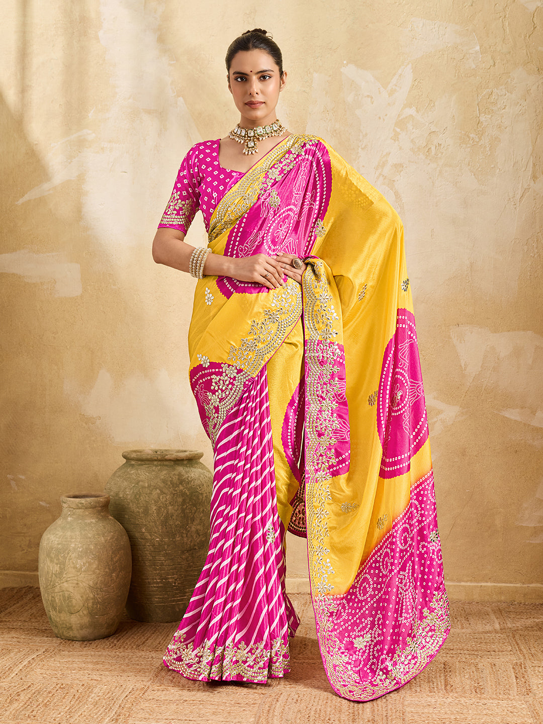 Tanmira New HO silk Bandhani Style With Gotapatti Work Saree ASH