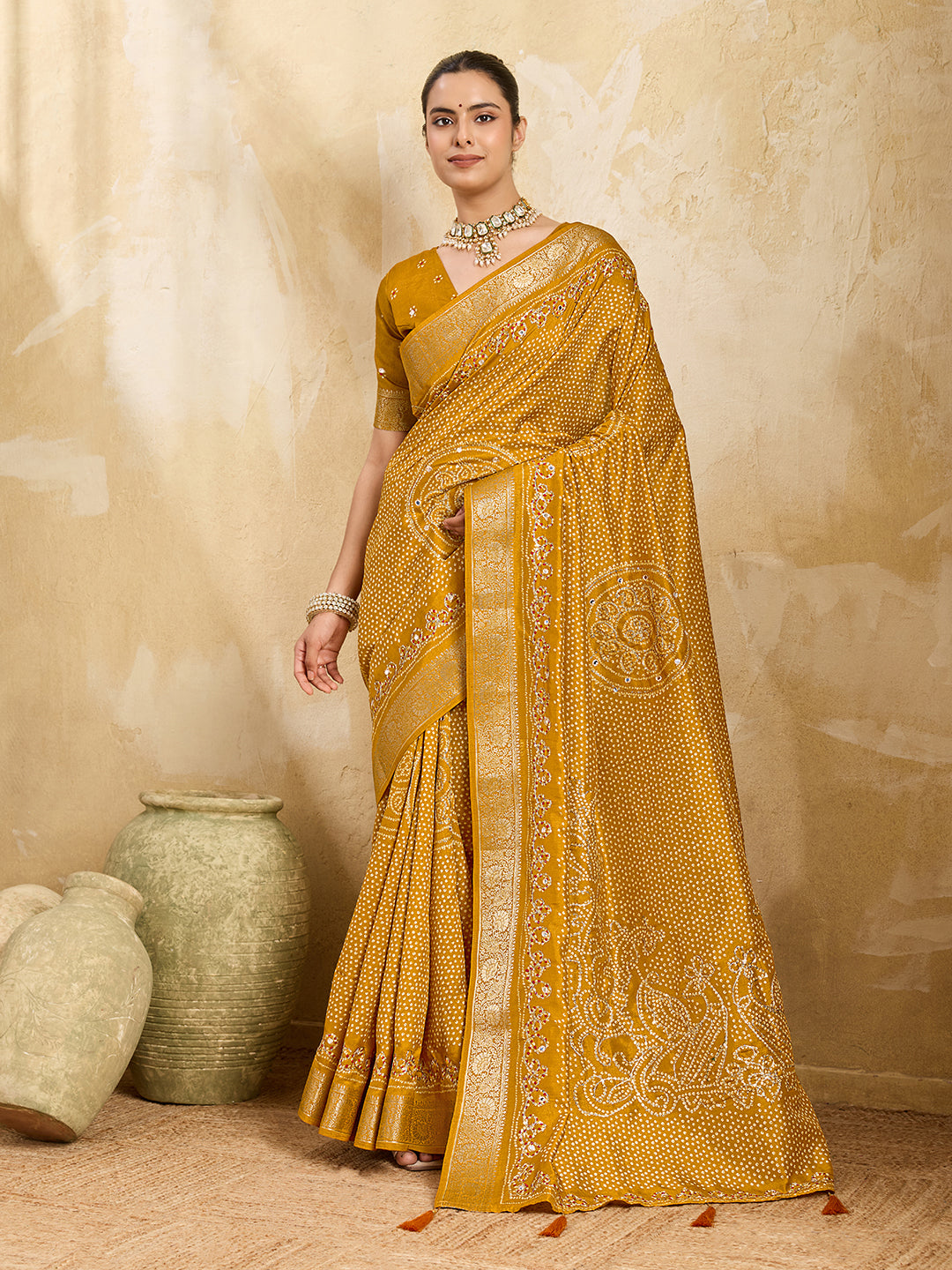Tanmira New Viscos Silk Bandhani Print Gotapatti Aaritari work Saree Green GAN