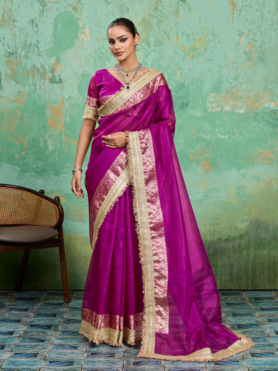 treding Tissue Silk saree in rani colour