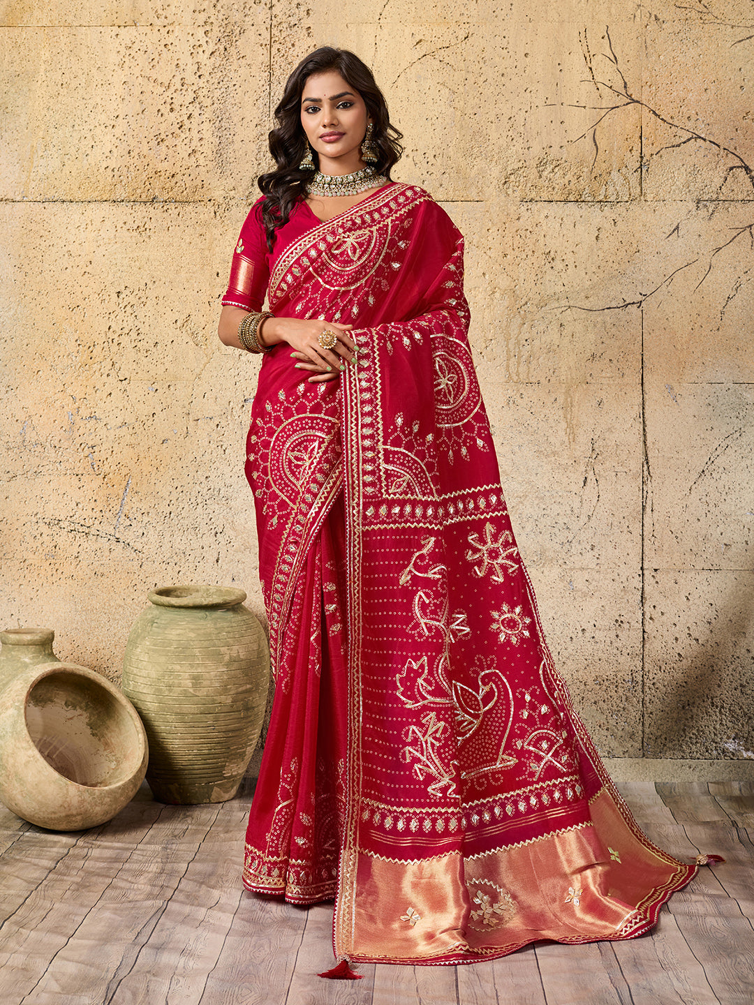 Tanmira Royal Bandhani with Kachha Gota Patti Glow Modal Silk Saree VK
