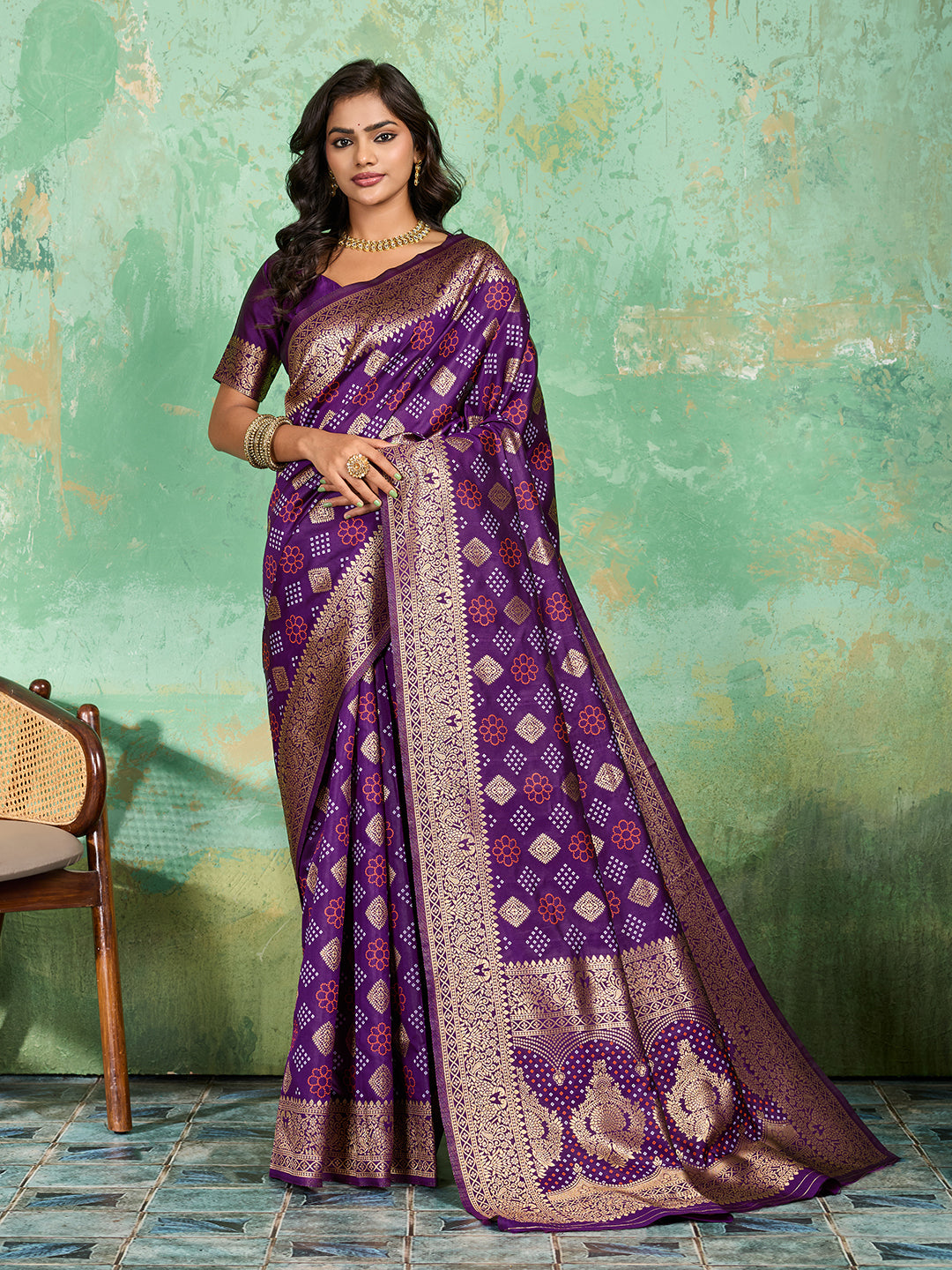 Tanmira New Banarasi Silk Bandhani Style With Zari weaving Saree DC
