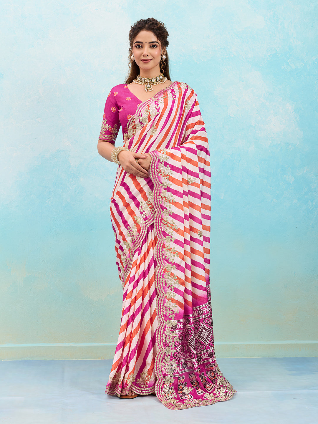 Tanmira New Leheriya Chinon Silk Saree with Gotapatti Work Festive Collection ASH