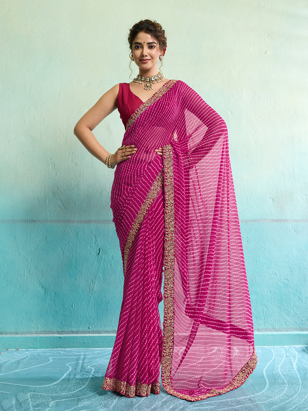 Tanmira New Launch Chiffon Leheriya Style With Embroidery Border Work Saree STL