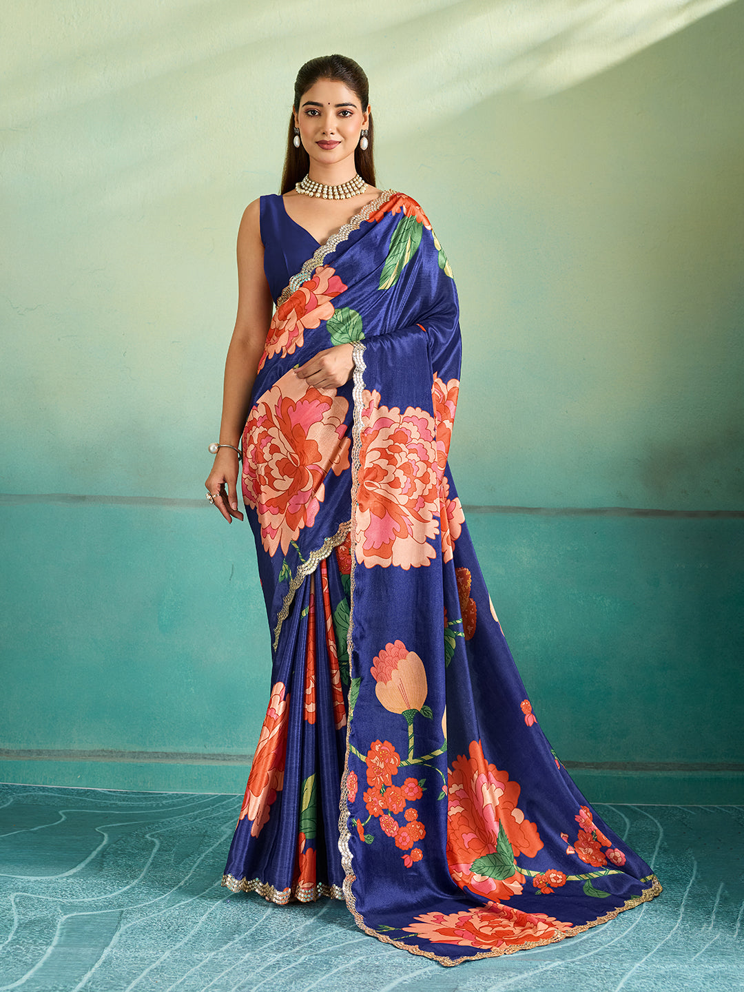 Tanmira Chinon Crape Floral Print Gotapatti Cutwork Border Sarees sana Navy Blue
