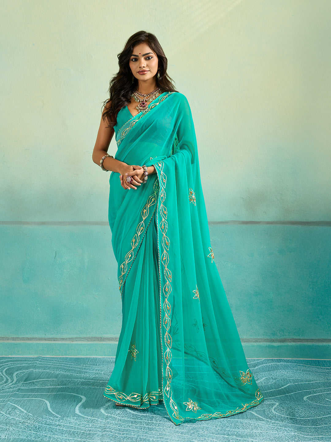 Tanmira Latest Chiffon Bollywood Style Gotapatti Work Saree MHS