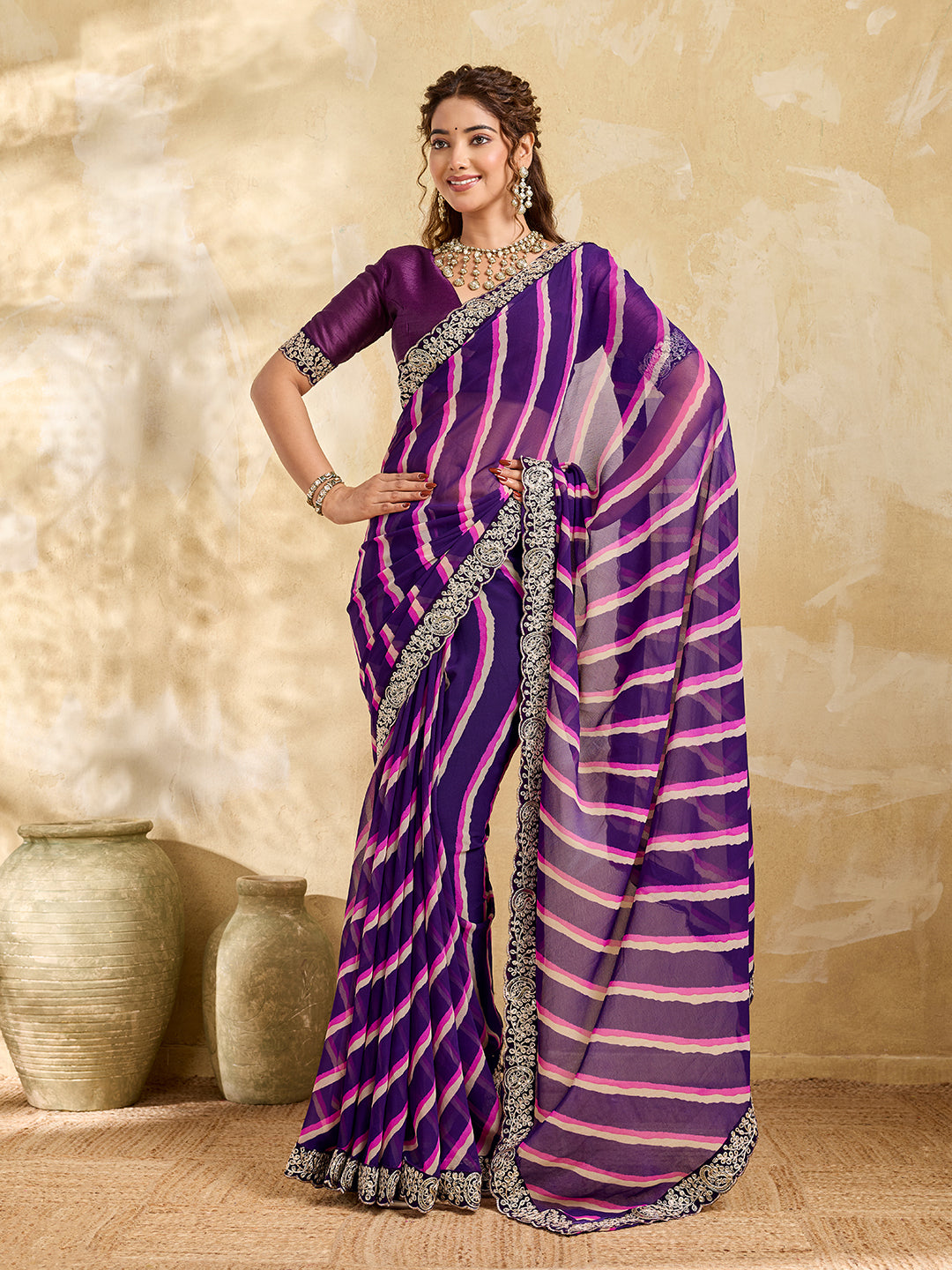 Tanmira New Chiffon Leheriya Style With Embroidery Border Work Saree STL