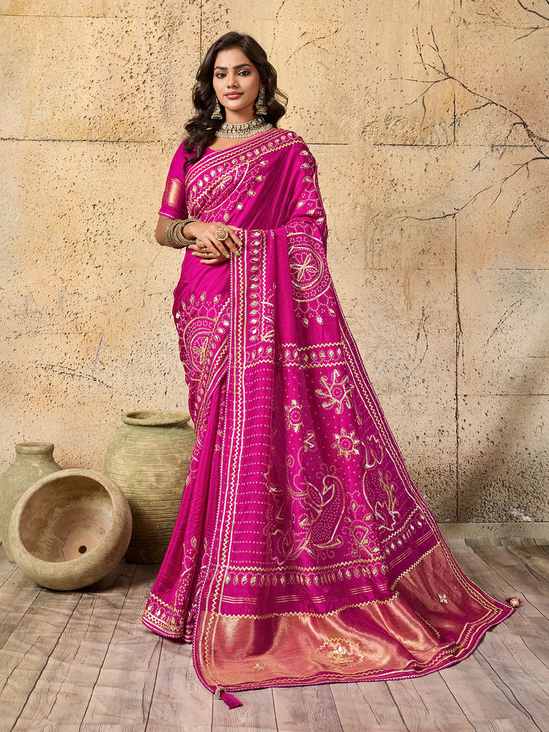 Tanmira Royal Bandhani with Kachha Gota Patti Glow Modal Silk Saree VK
