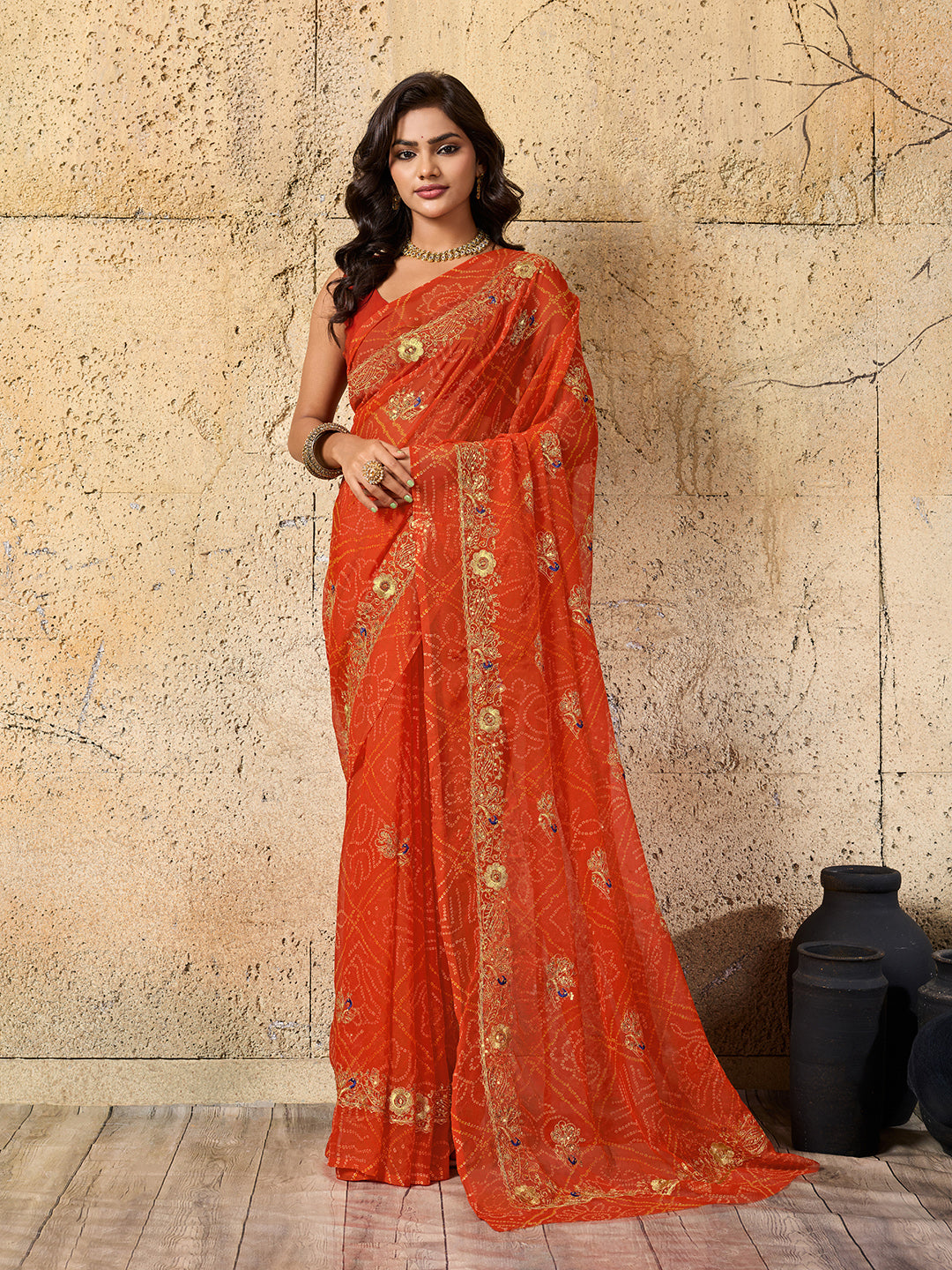 Tanmira latest Royal Bandhani Georgette Saree With Golden Embellishments Work JAY