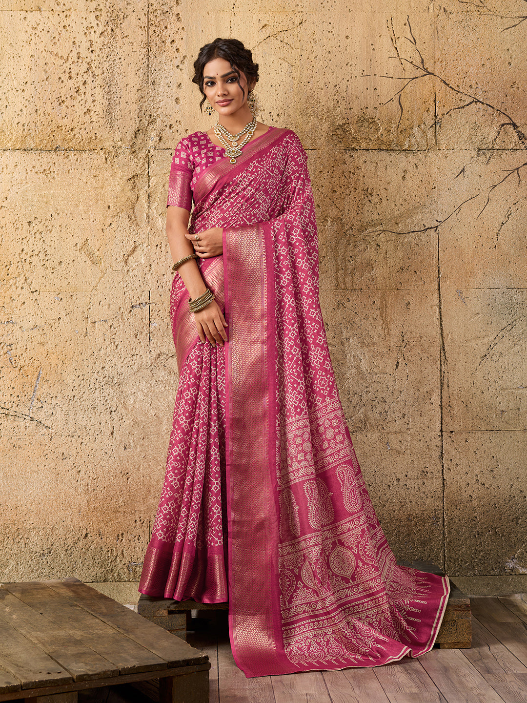Tanmira New Special Cotton silk Ajrakh style With Ajrakh HandPrint Work Saree STL