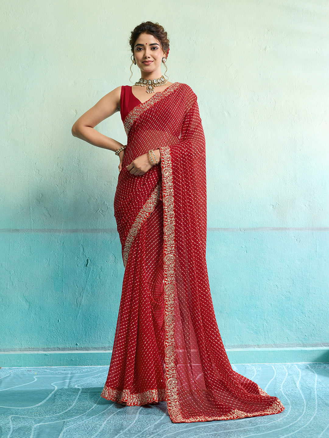 Tanmira New Chiffon Leheriya Style With Embroidery Border Work Saree STL
