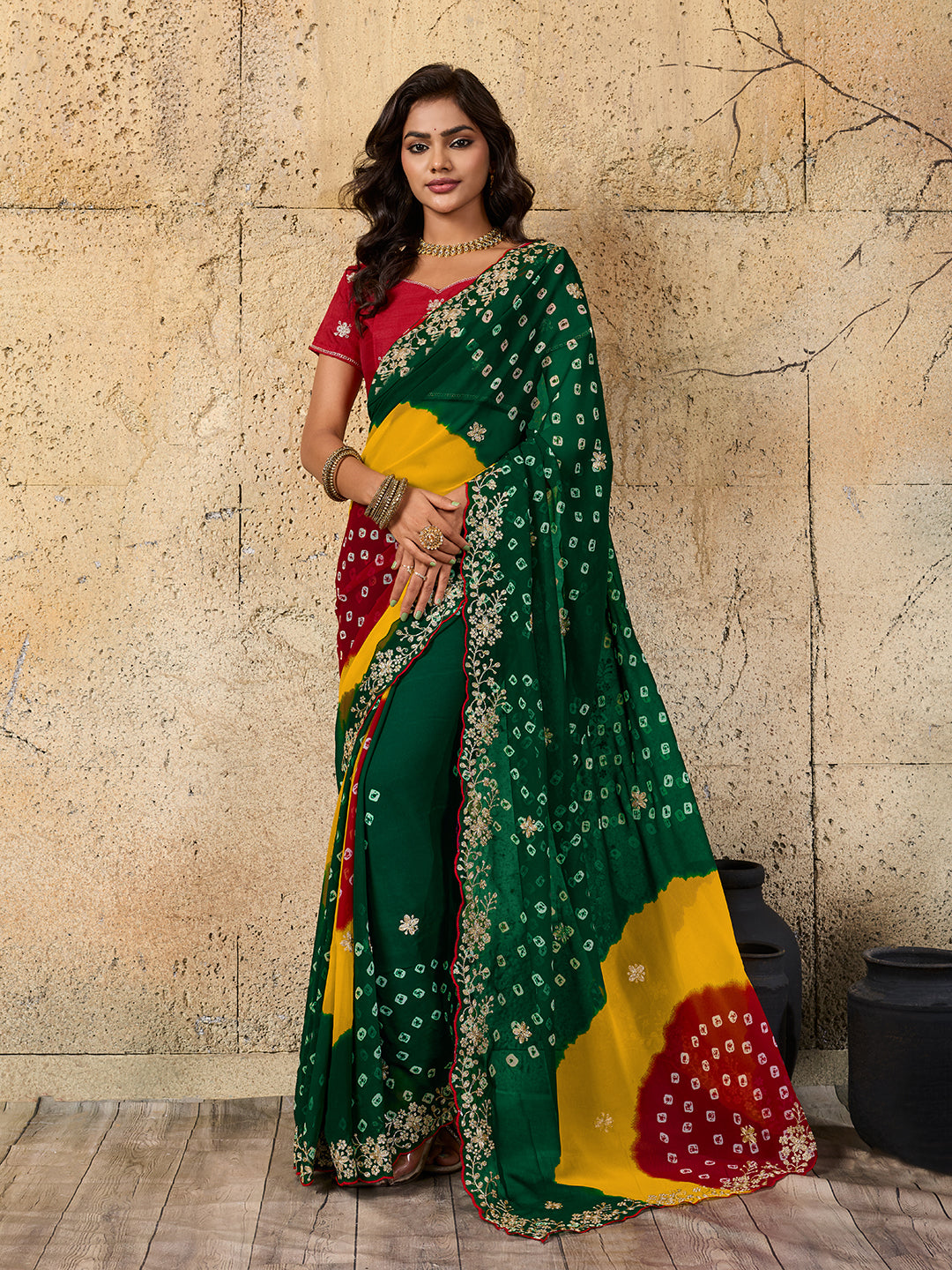Tanmira Festive Wear Georgette Bandhani Saree with Beautiful Peturn Embellishment SWA