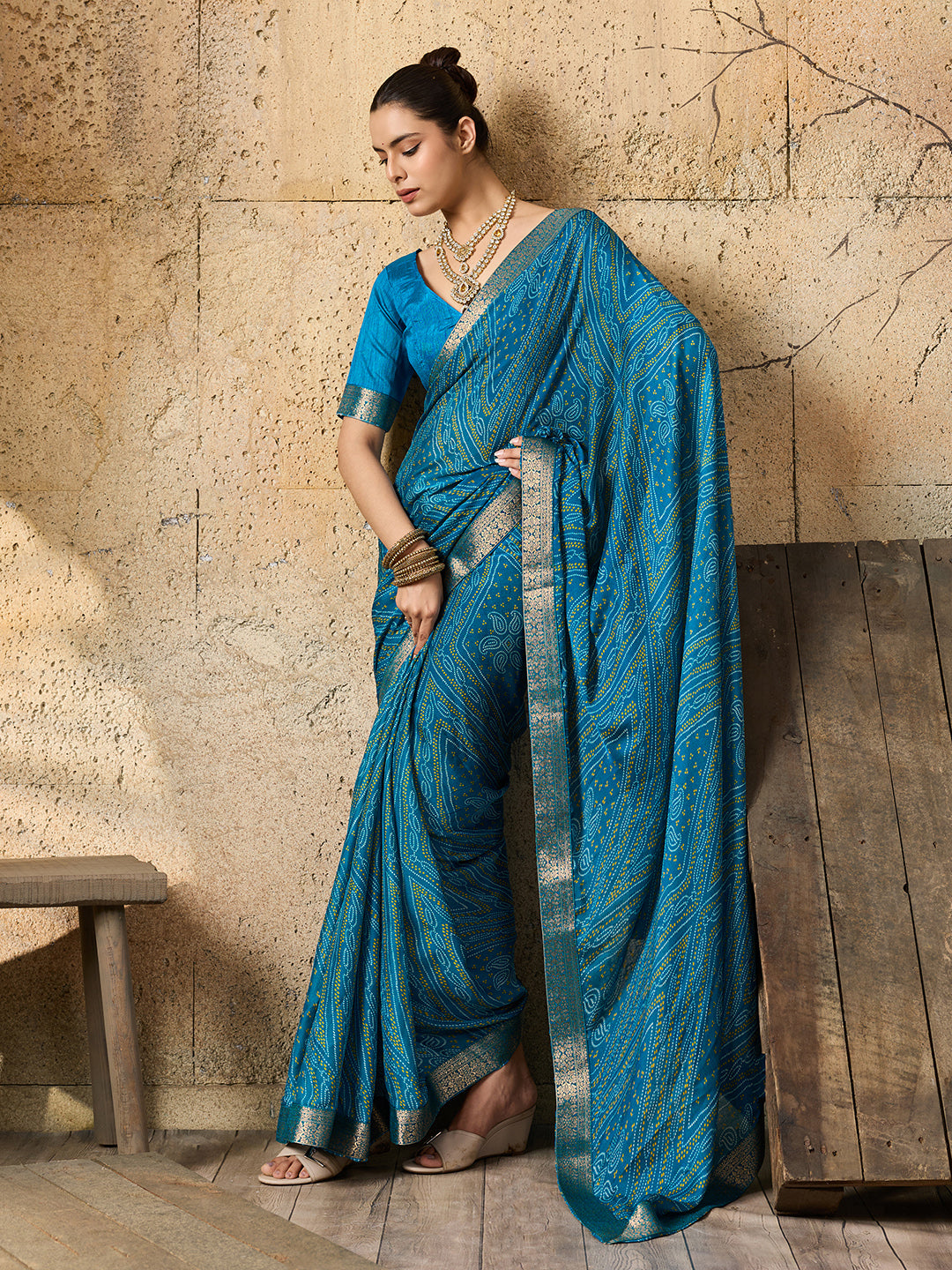 Tanmira Beautiful Moss Chiffon Georgette Bandhani Sarees Firoji