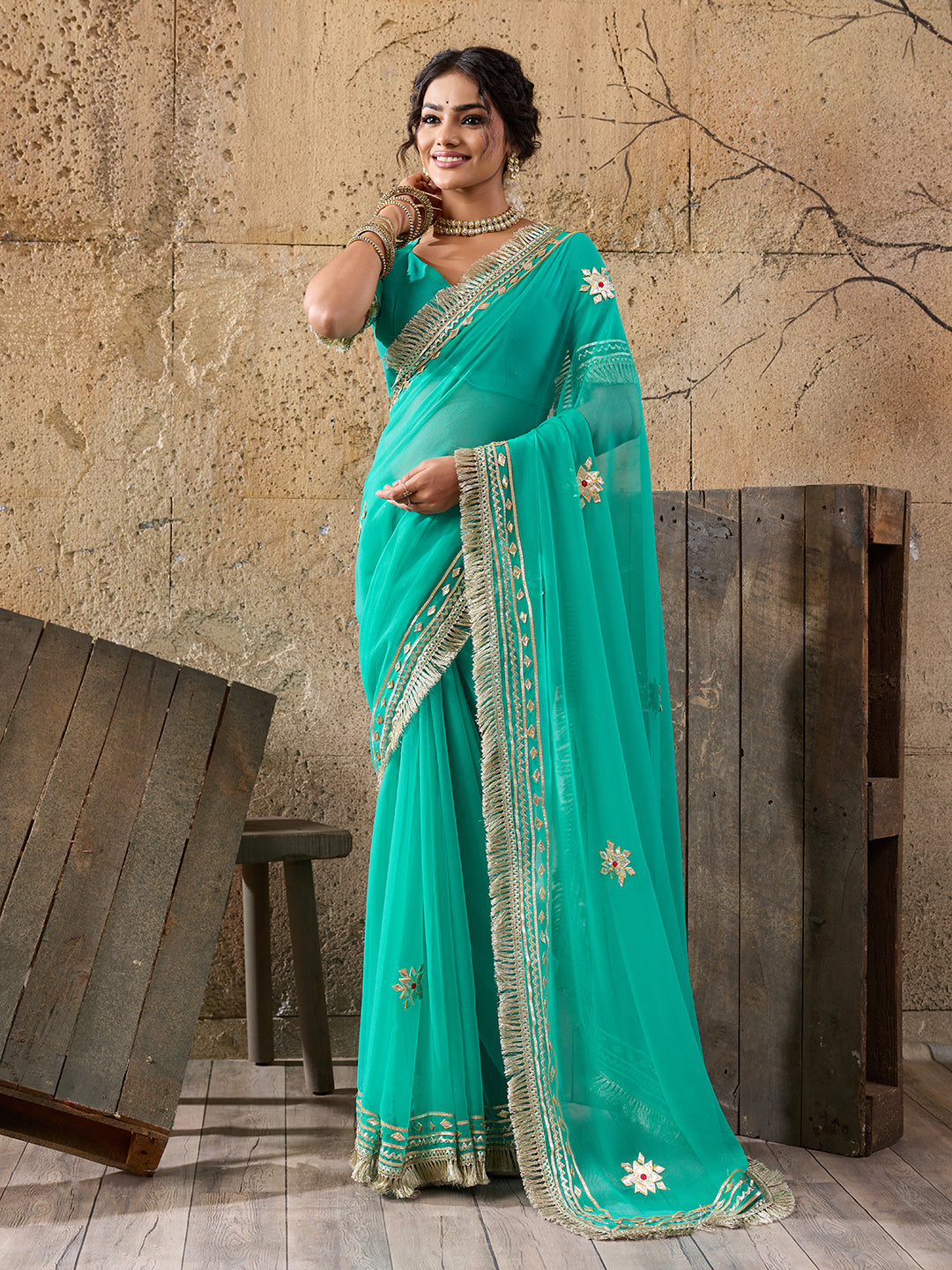 Tanmira New Pure Georgette Kacha Gotapatti Crafted Saree Ethnic Traditional Look MHS