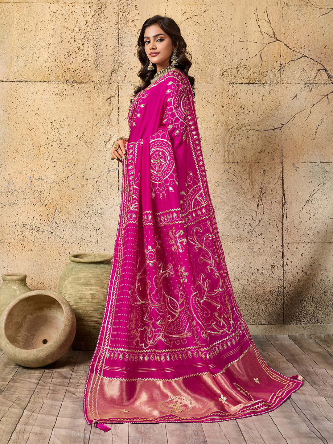 Tanmira Royal Bandhani with Kachha Gota Patti Glow Modal Silk Saree VK